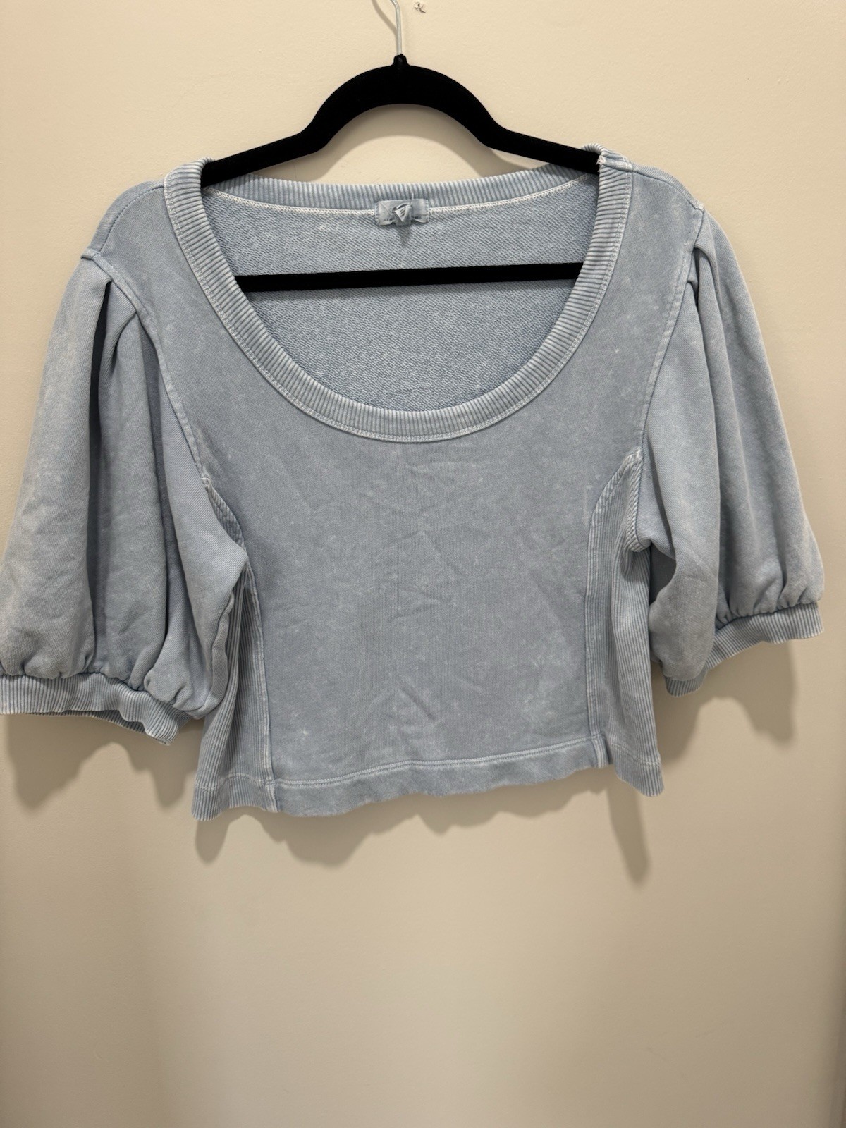 Aerie Women Cropped Top Medium Blue Puff Sleeve Casual Shirt