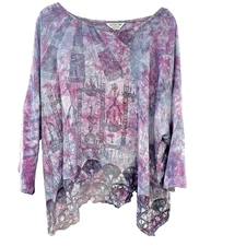 Citron Silk Tunic Top Purple Gray Abstract Print 1X