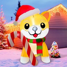 5FT Christmas Inflatable Dog w/LEDs, Candy Cane, Outdoor Decor