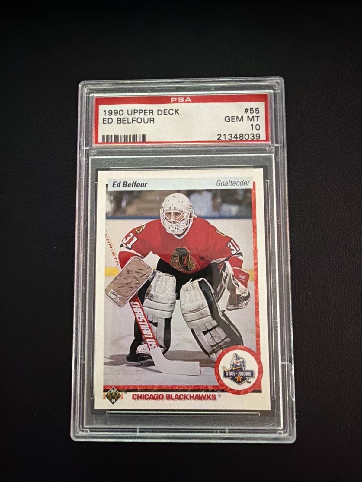 1990 UPPER DECK #55 ED BELFOUR RC BLACKHAWKS HOF PSA 10