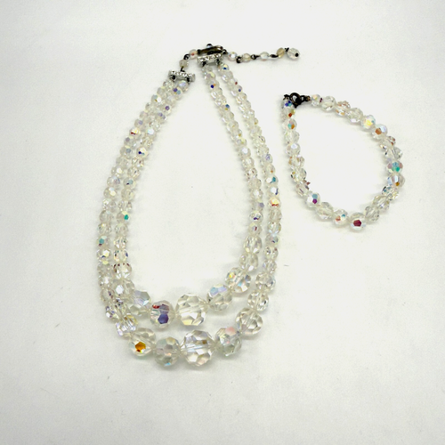 Set collana e bracciale cristallo vintage AB strass collana due fili - Foto 1 di 9