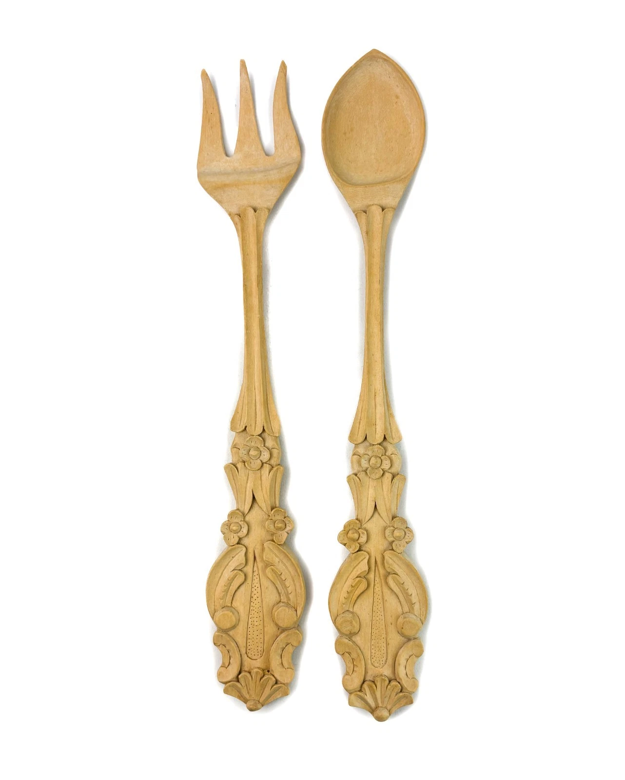 Elegant Hand Carved Wooden Serving Utensils Spoon and Fork Extra Long