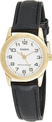 Casio LTP-V001GL-7B Damen Quarzuhr weißes Ziffernblatt goldfarbenes Gehäuse Lederband
