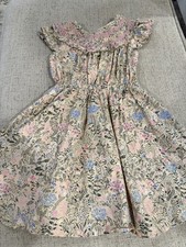 Janie and Jack Girls Floral Smocked A-Line Dress Size 4 Pink Blue Beige Ruffle