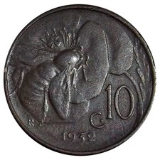 1932 Italy 10 Centisimi Coin - Italy, Vittorio Emanuele III, KM 60, Honeybee