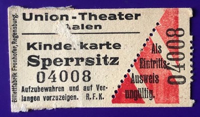 Eintrittskarte Ticket vor 1945 Kino Union-Theater Aalen Kinderkarte Sperrsitz