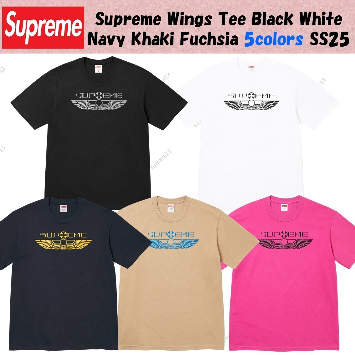 Supreme Wings Tee Black White Navy Khaki Fuchsia 5colors SS25 