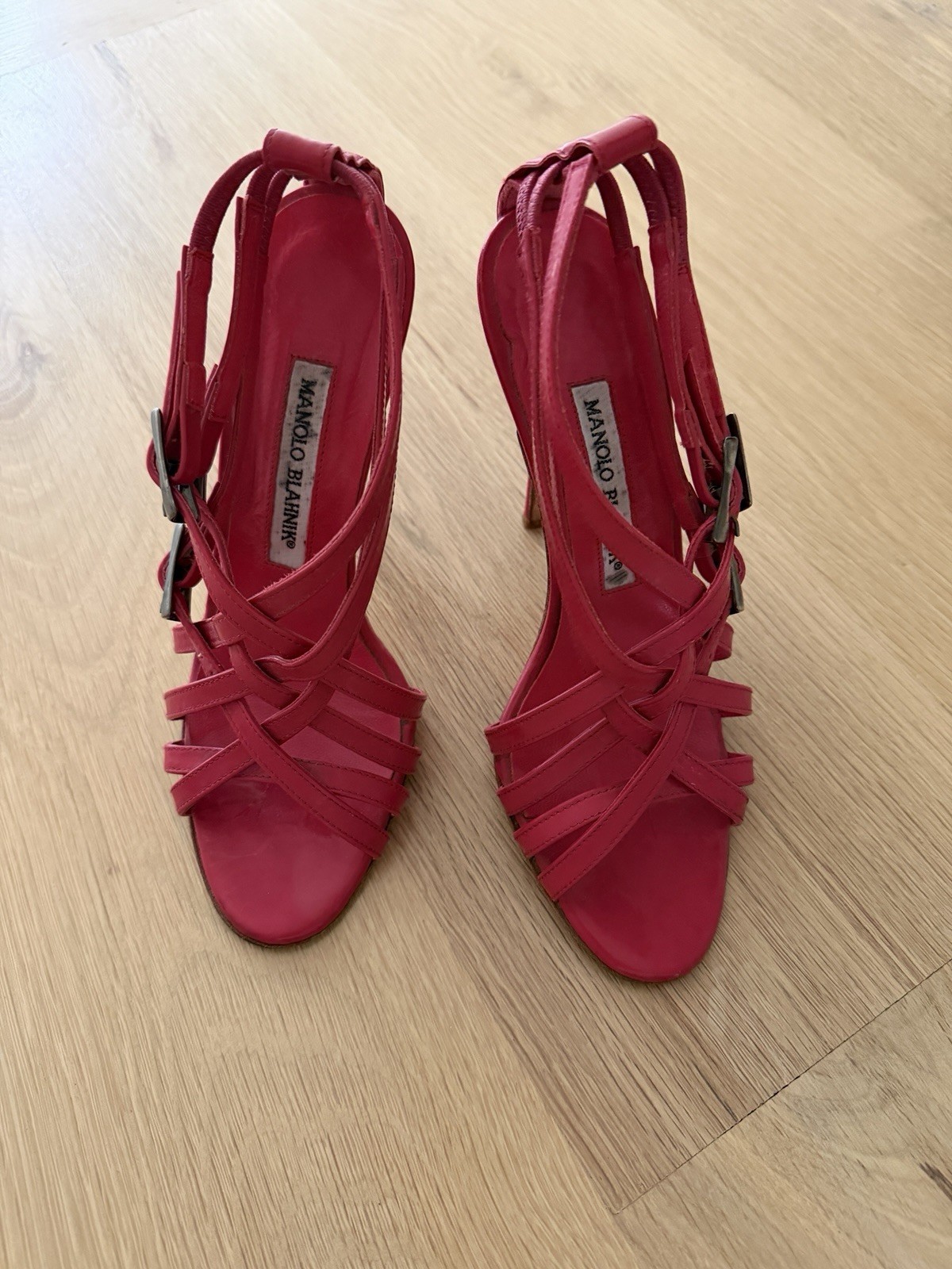 Manolo Blahnik Hot Pink Leather Strappy Open Toe Stiletto Buckle EU 35.5