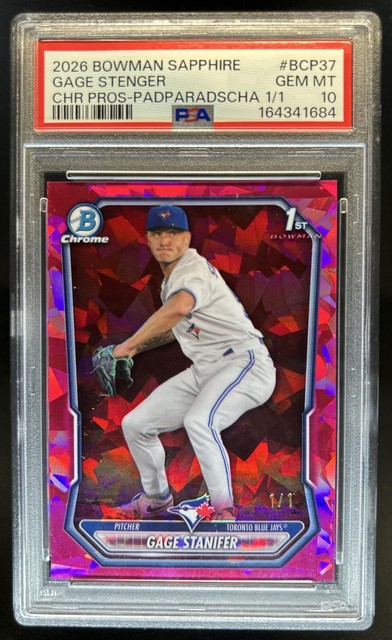 2026 Bowman Sapphire Gage Stanifer Chrome Padparadscha Refractor 1st #1/1 PSA 10