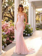 Long Pink Sequin Embroidered Beaded Sheer Prom Dress Size 16