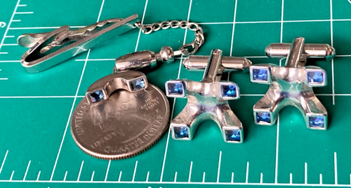 Gemelli vintage tono argento mod strass zaffiro blu + cravatta atomic four - Foto 6 di 6