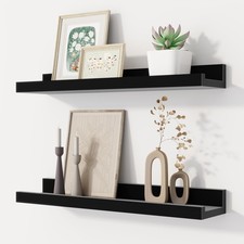 Floating Picture Ledge Shelves Set of 2, 16 Inch Solid Wood Wall Shelves with...