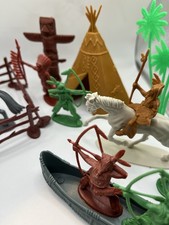 Vintage 20 Piece Plastic Indians and Cowboy Teepee Canoe Horses Corral Lot