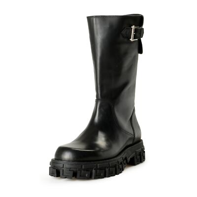 Versace Men's Black Leather Motorcycle Boots Shoes
