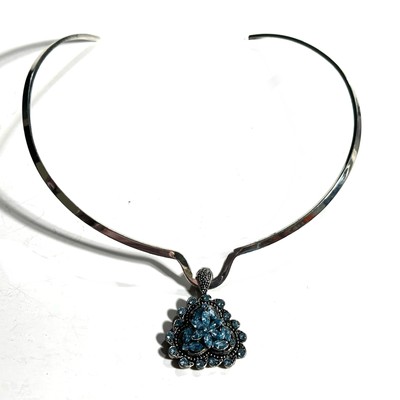 Best Brand Collar Choker Necklace Blue Simulated Aquamarine & Marcasite Pendant