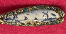Enamel Dutch Scene Windmill Boats 4.2" Gilt Sterling Souvenir Spoon Dated 1896