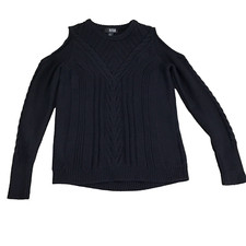 Women's Cold Shoulder Knit Sweater S, a.n.a Shoulder Black Cable Long Sleeve Top