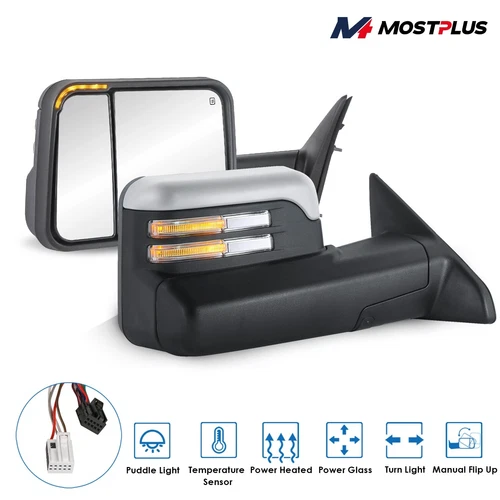 Pair Chrome Power Heated Tow Mirrors w/ Temp Sensor For 2009-2018 Dodge Ram 1500