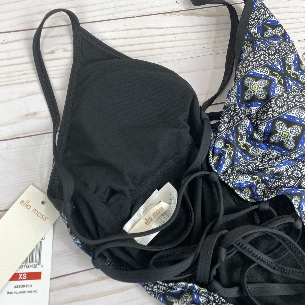 Ella Moss Swimsuit Women's XS Plunge Blue Black Print One Piece