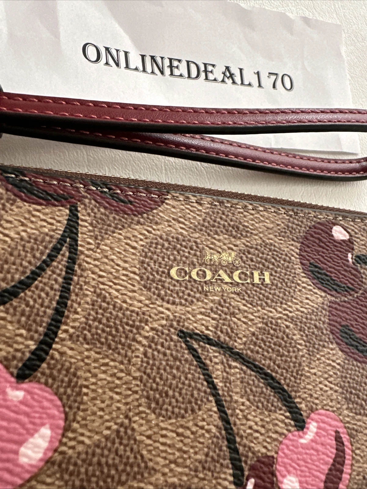 Borsa a tracolla Coach Rowan firmata tela stampa ciliegia CY692 e polso CZ450