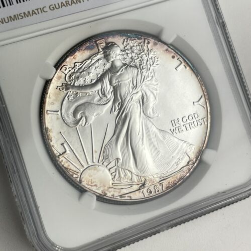 Águila de plata americana 1987 graduada NGC $1 dólar como nuevo MS68 tonificación de monedas estatales - Imagen 1 de 5