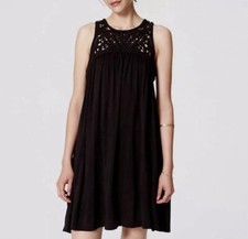 Ann Taylor LOFT Sleeveless Crochet Yoke Neck Swing Black Dress Size L Boho LBD