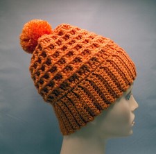 Orange Crochet Beanie Handmade Waffle Texture with Pom Pom