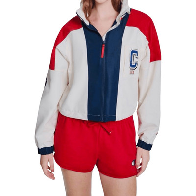 Champion Olympic Cropped Windbreaker Jacket Sz Small Cream Hooded Lined Pockets