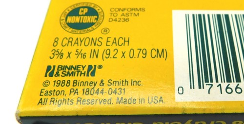 Yellow box with 8 pack of Crayola primary colors, 35 x 5/16 in, binocular lens graphic, and text “Made in U.S.A.”