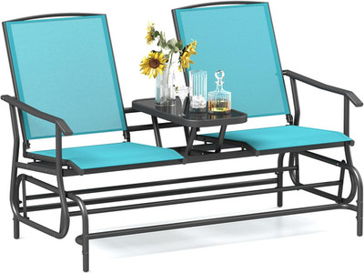 2 Person Swing Glider Chair, Patio Rocking Loveseat W/Center Tempered Glass Tabl