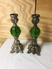 VTG Set of 2 Metal Hollywood Regency Candlestick Holders Green Lucite