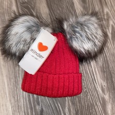 Kinder Double Pom Pom Faux Fur Pull On Knitted Hat 1-2 Years Boutique New Red