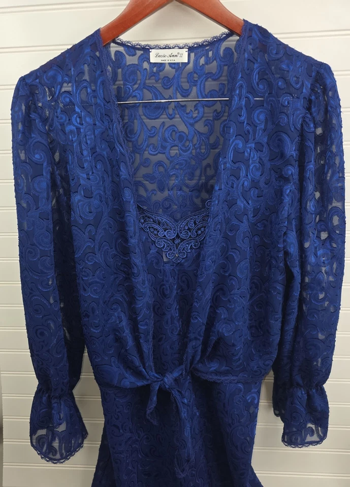 Lucie Ann II Vintage Royal Blue Long Lace sheer Nightgown & Poet Sleeve Jacket M - Image 2 of 4