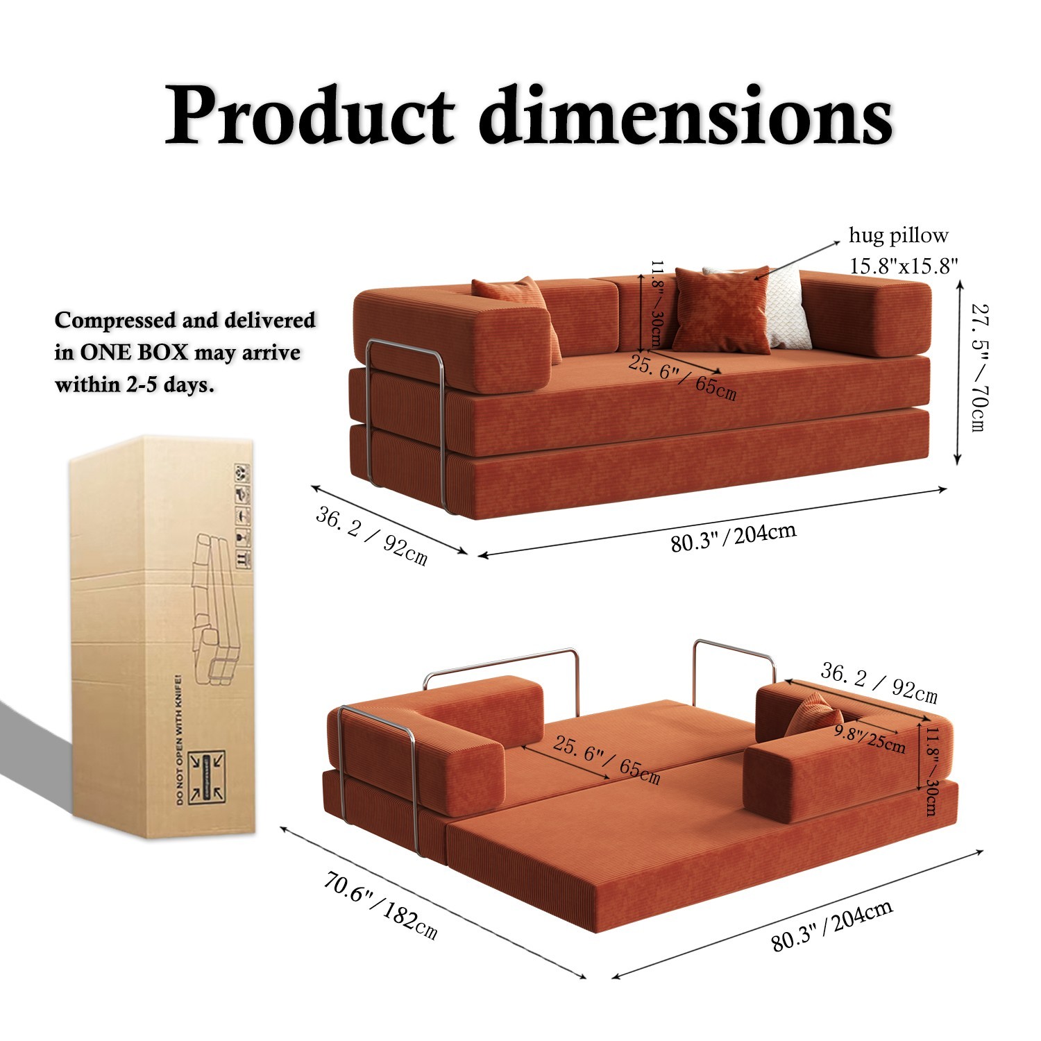 80.3" Convertible Sofa Bed 2 Throw Pillows Detachable Floor Sofa Orange Compact