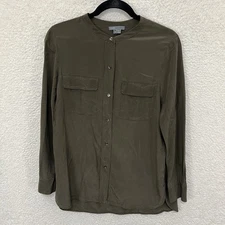 Vince Silk Blouse Women’s 8 Brown 100% Silk  Chest Pockets Minimalist Capsule