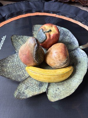 Bowl Of Large Fruit On Hammered Metal Fig Leaf