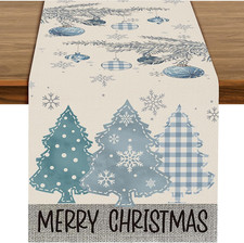 72 X 13 Inch Christmas Table Runner   Blue Plaid and Snowflake Christmas Tree Ho
