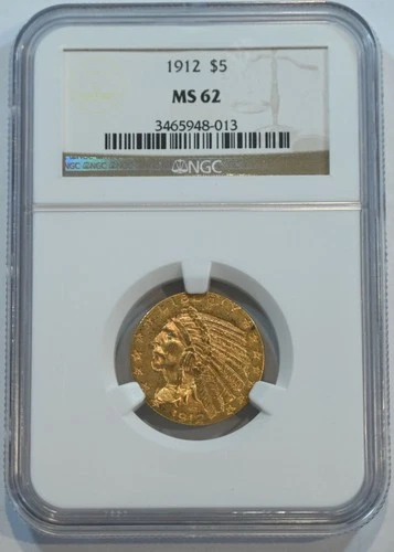 1912  $5 Indian  Head Gold coin MS62  NGC  graded - crusty