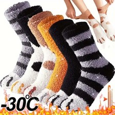 5 Pairs Autumn Winter Cute Cat Paw Coral Fleece Mid-Calf Socks for Women Thick