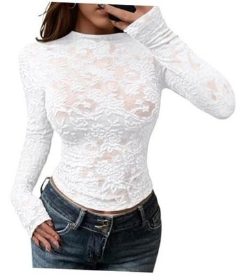 Mesh Long Sleeve Tops for Women Lace Sexy Sheer Tight See X-Small White