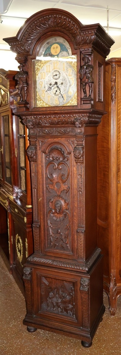 19th Century Tiger Oak Figural Carved Tall Case Grandfather Clock
