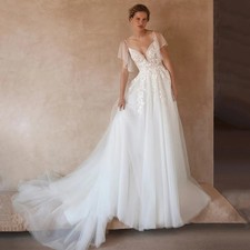 Wedding Dresses Batwing Sleeves Beading Sequined Applique Backless Bride Gowns