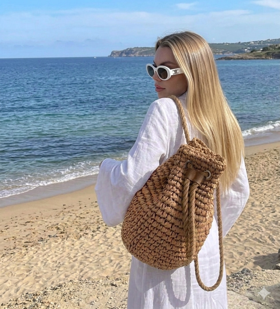 NWT Woven Straw Drawstring Backpack Boho Beach Travel Summer Bag for Women