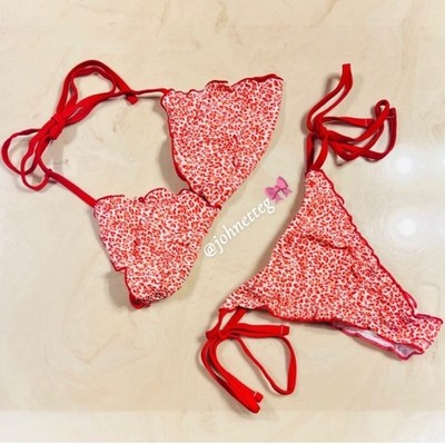 PINK x FRANKIES BIKINIS Cape May Bikini Top & Reign Bikini Bottom Red Leopard M