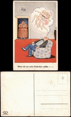 If Only I Knew His Thoughts; Humor Card, Man Dreaming of Women 1950