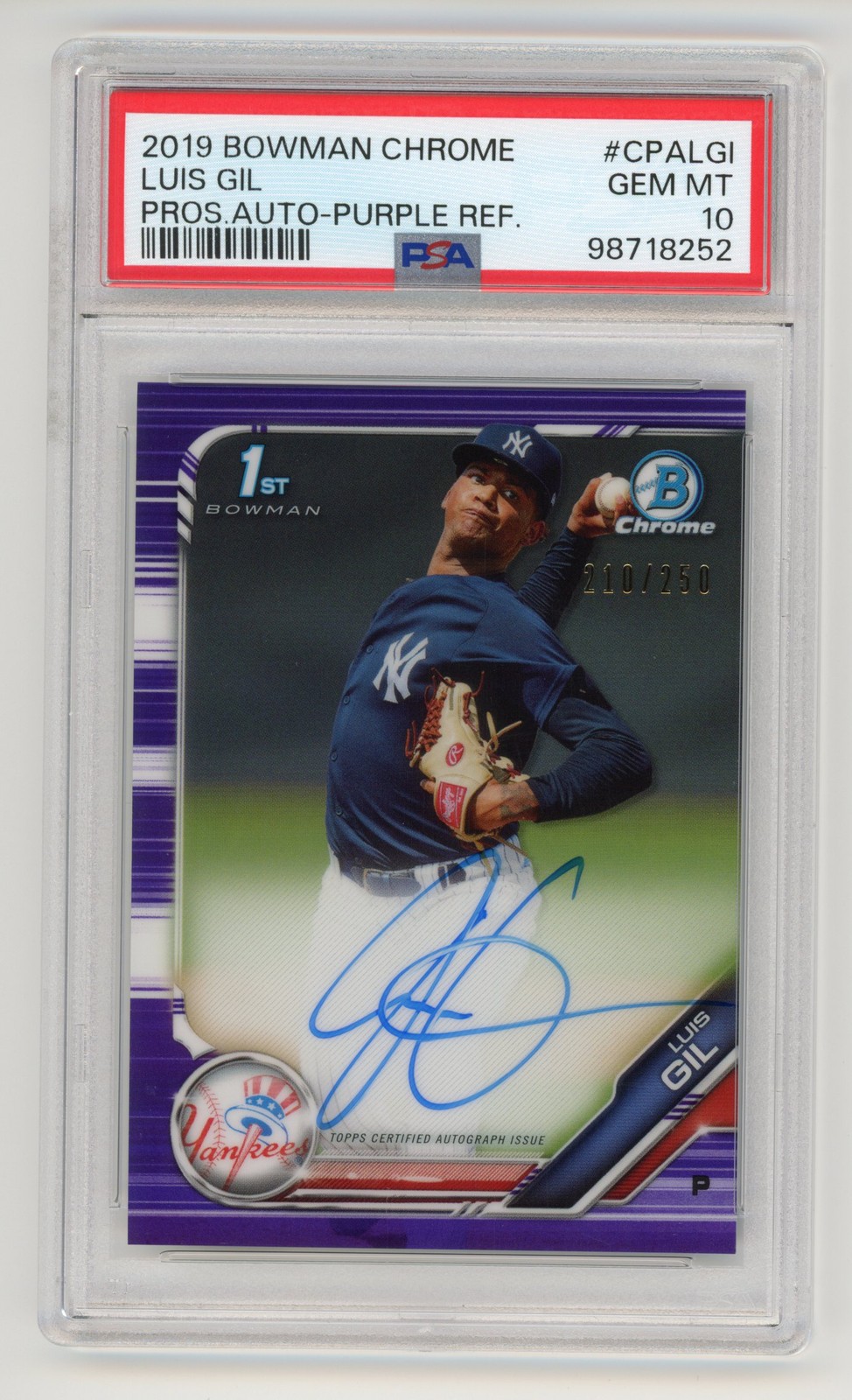 2019 BOWMAN CHROME LUIS GIL AUTO /250 PURPLE REFRACTOR PSA 10 #CPA-LGI YANKEES