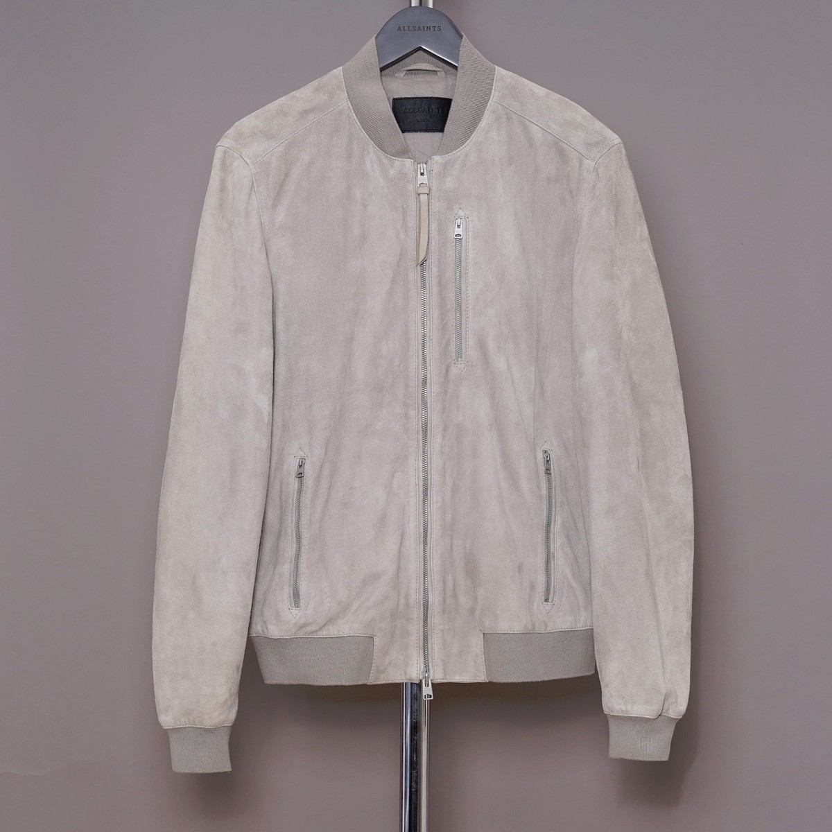 ALL SAINTS Suede Leather Jacket LARGE Beige Mens L Biker Bomber