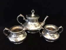 Vintage Pairpoint Mfg New Bedford Quadruple Plate Teapot, Sugar Bowl Creamer Set