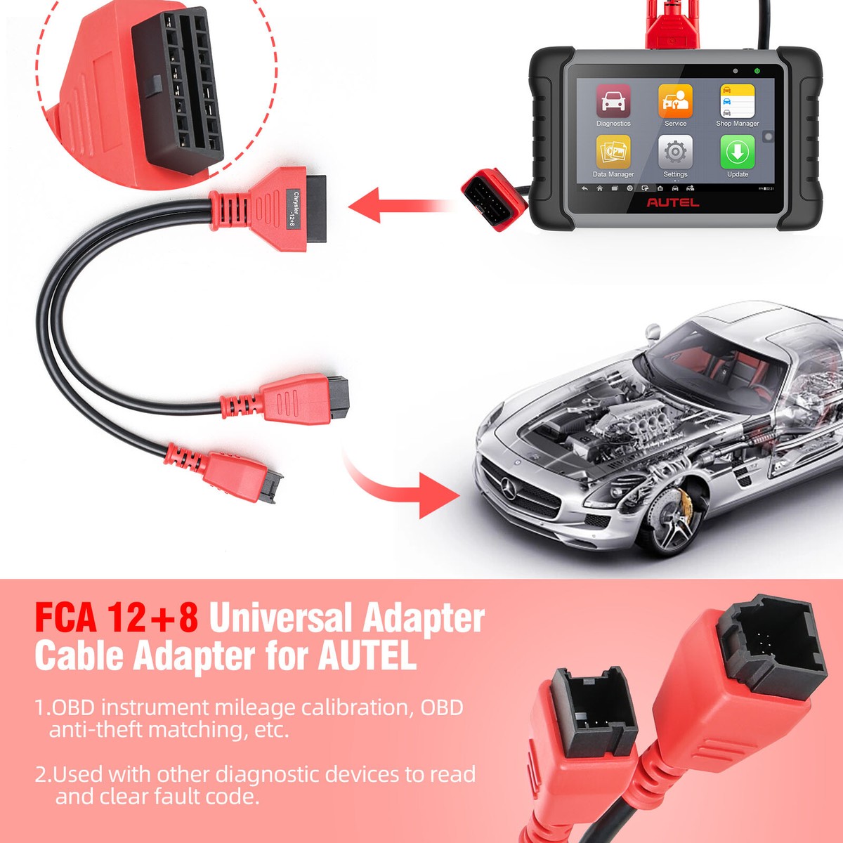 Alpha Obd 12+8 OBD2 Adapter For Chrysler - FCA Gateway Bypass Cable 37.5cm  Launch X431
