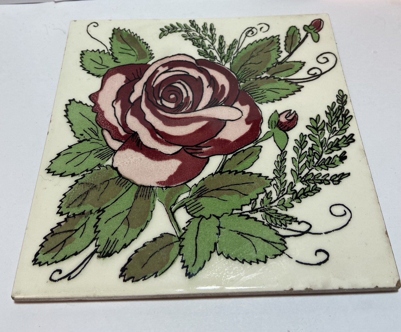 Vintage Soriano Ceramics Ceramic Tile Pink Magenta Rose Flower Trivet